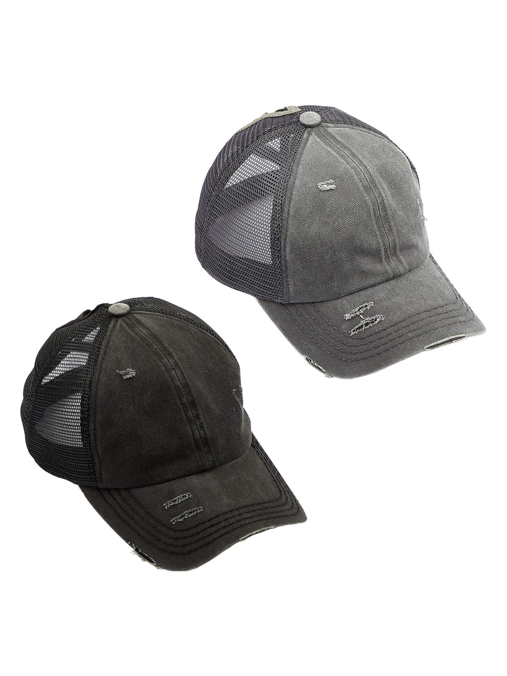 Criss Cross Ponytail Cap, Messy Bun Distressed | 2 Packs, Black, Gray | Size OS